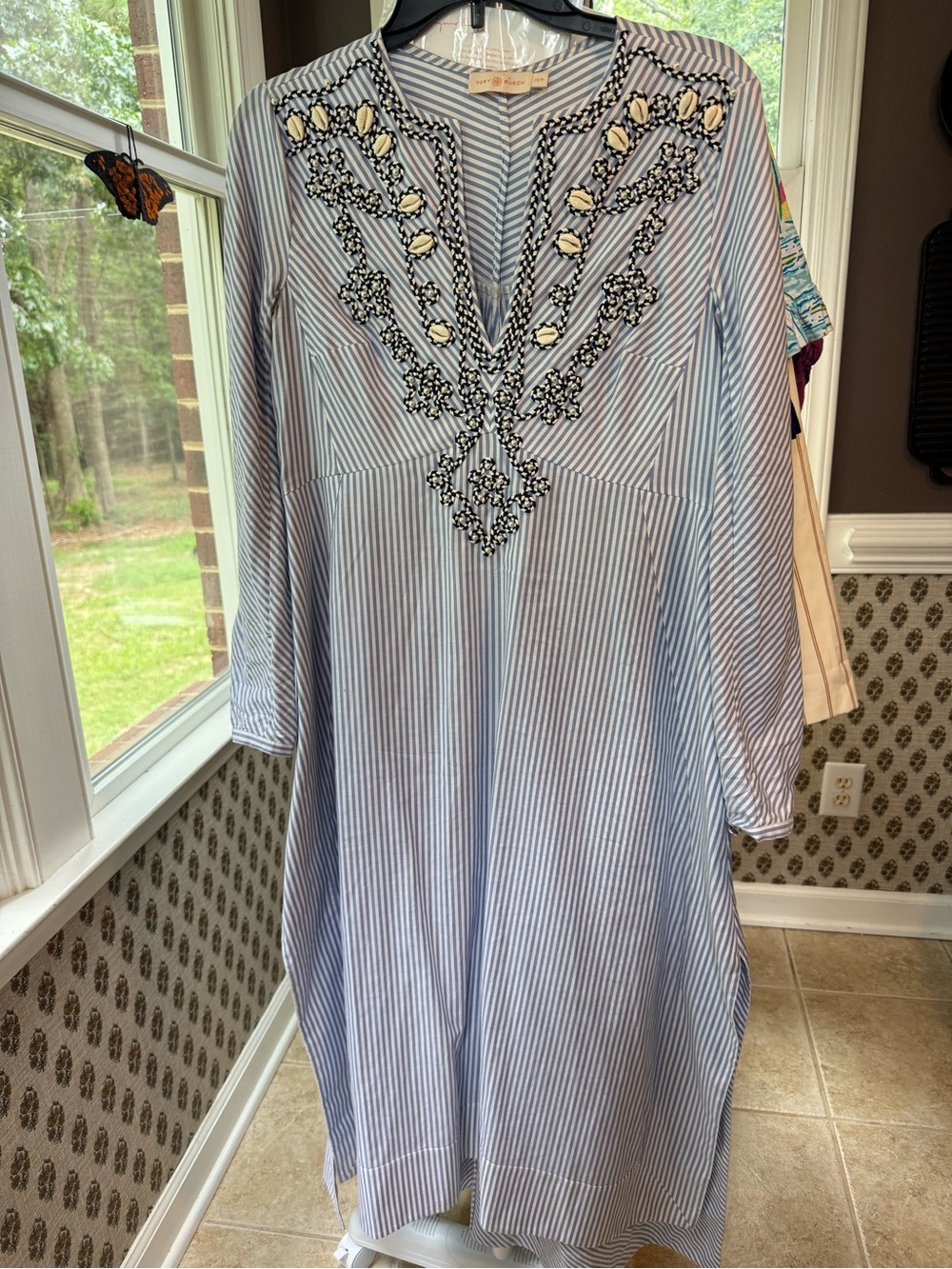 Tory Burch Blue and White Striped Embroidered Tunic